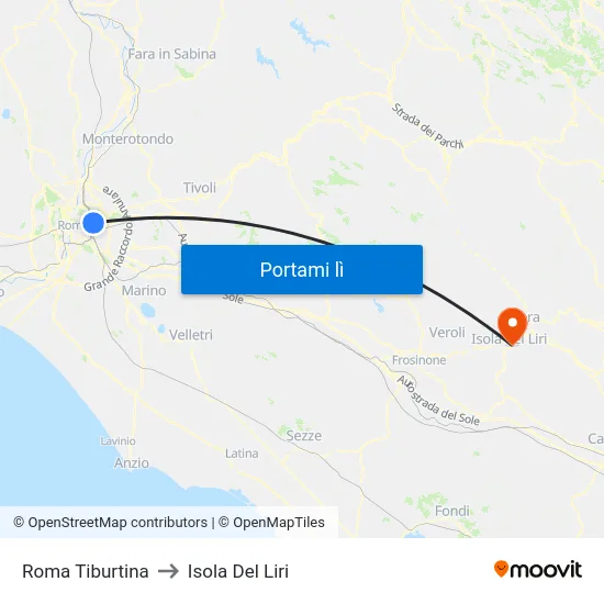 Roma Tiburtina to Isola Del Liri map