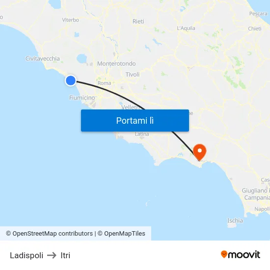 Ladispoli to Itri map