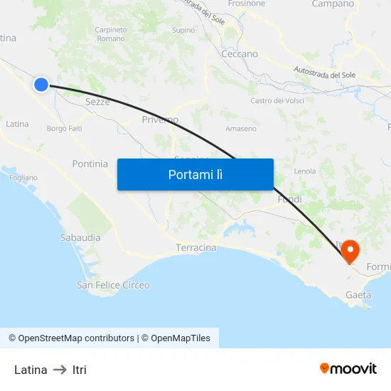 Latina to Itri map