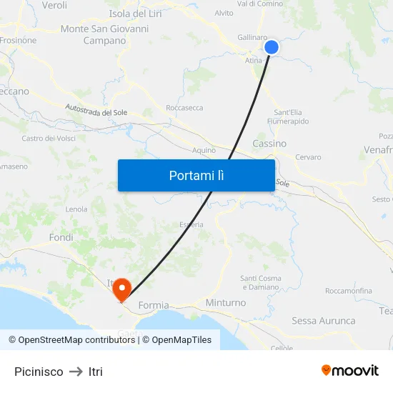 Picinisco to Itri map