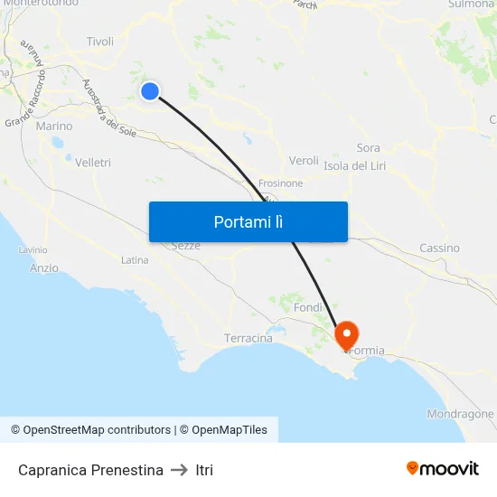 Capranica Prenestina to Itri map