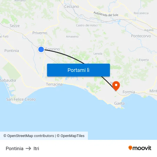 Pontinia to Itri map
