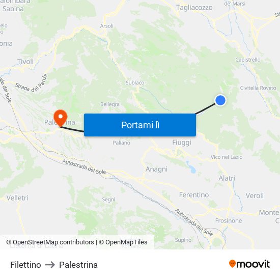 Filettino to Palestrina map