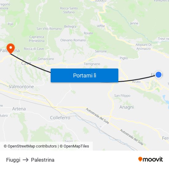 Fiuggi to Palestrina map