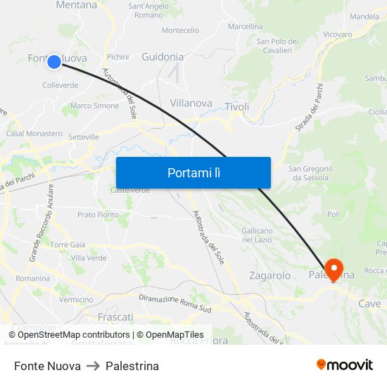 Fonte Nuova to Palestrina map