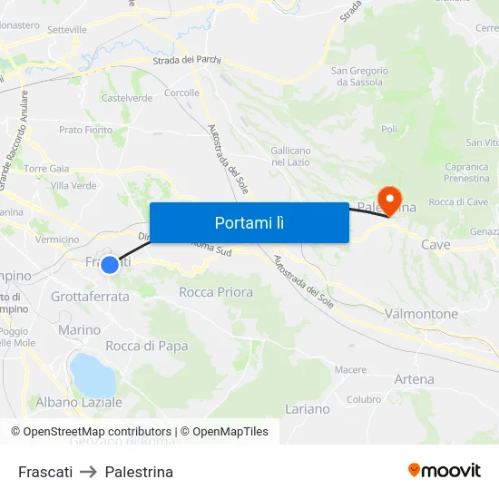 Frascati to Palestrina map