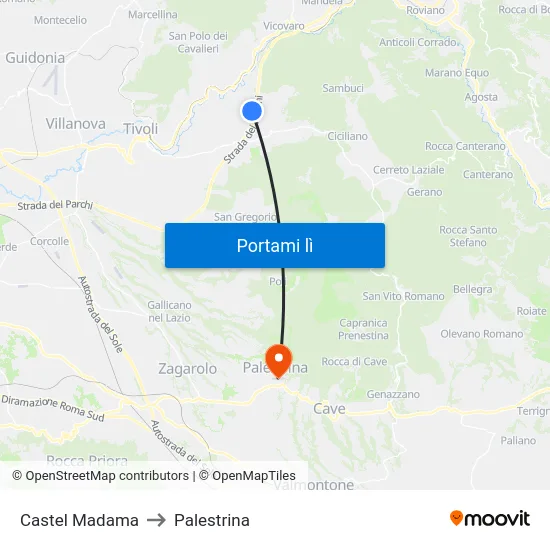 Castel Madama to Palestrina map