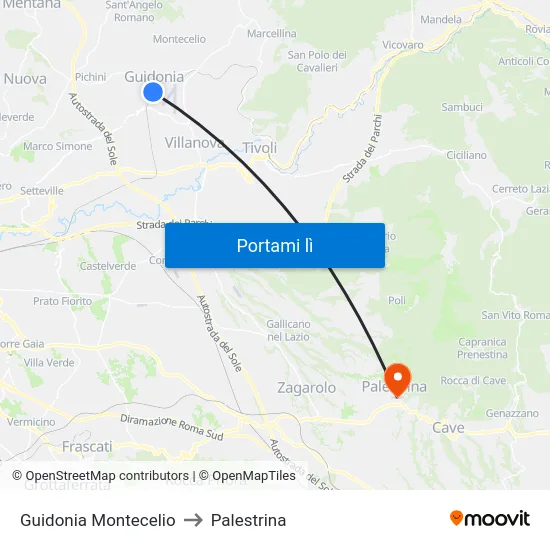 Guidonia Montecelio to Palestrina map