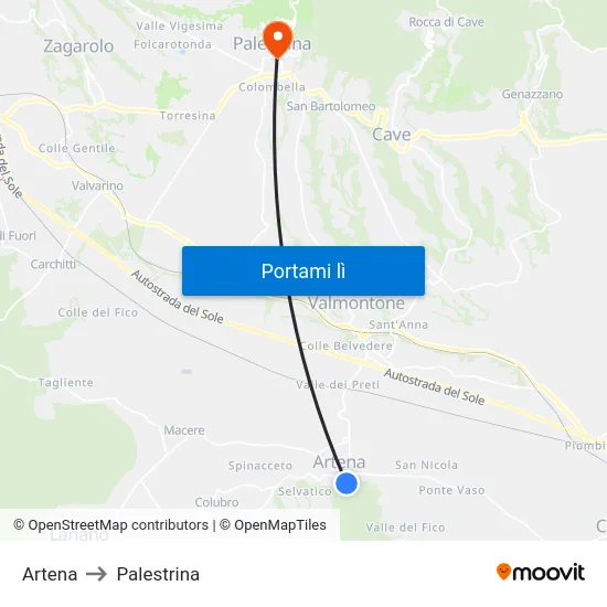 Artena to Palestrina map