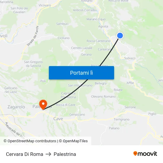 Cervara Di Roma to Palestrina map