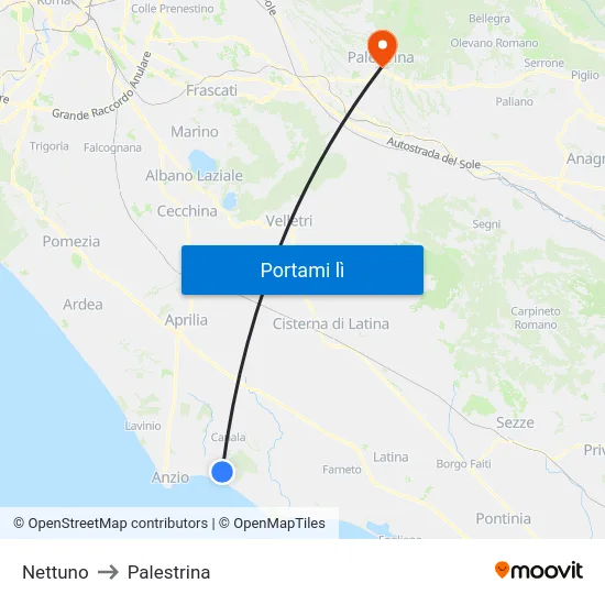 Nettuno to Palestrina map