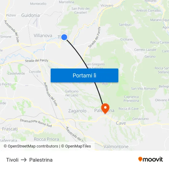 Tivoli to Palestrina map