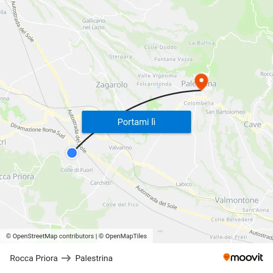Rocca Priora to Palestrina map