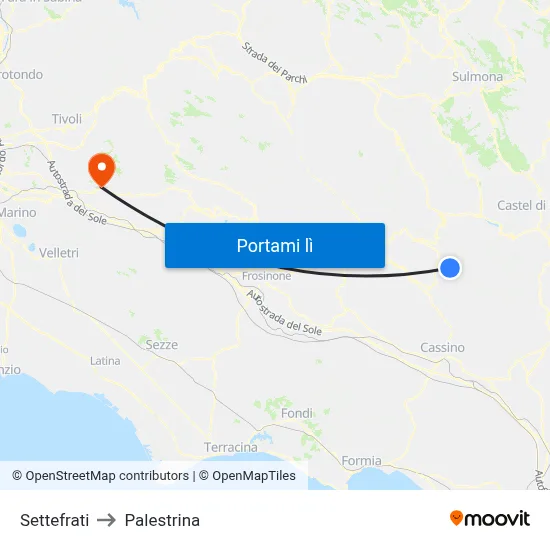Settefrati to Palestrina map