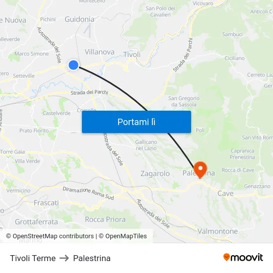 Tivoli Terme to Palestrina map
