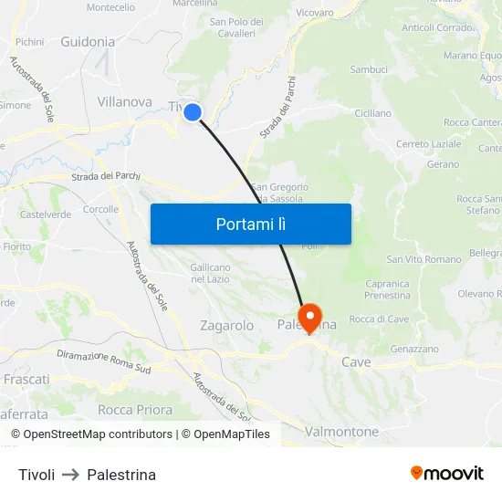 Tivoli to Palestrina map