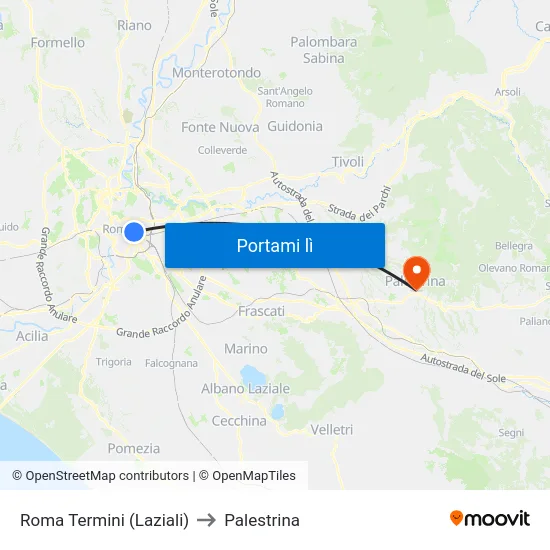 Roma Termini (Laziali) to Palestrina map