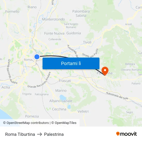 Roma Tiburtina to Palestrina map