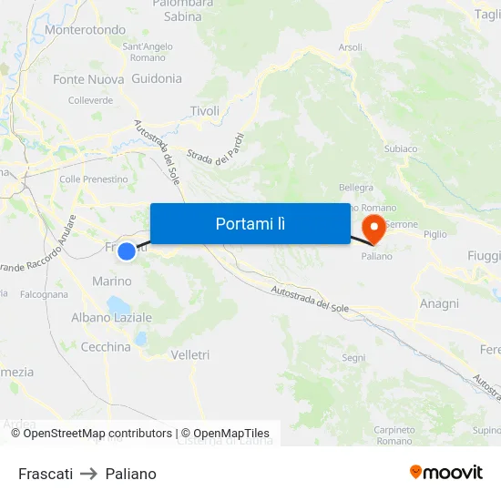 Frascati to Paliano map