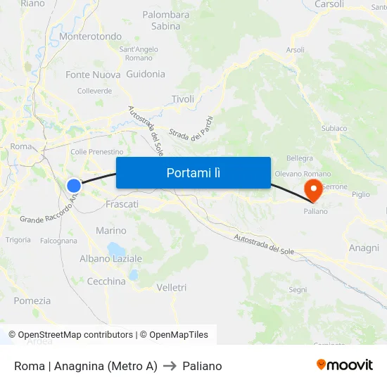 Roma | Anagnina (Metro A) to Paliano map
