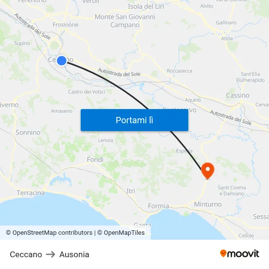 Ceccano to Ausonia map