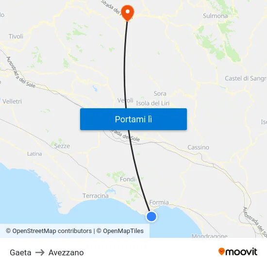 Gaeta to Avezzano map