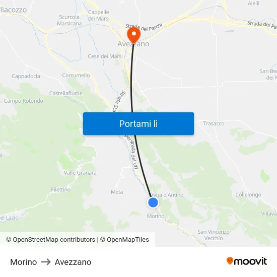 Morino to Avezzano map