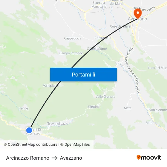 Arcinazzo Romano to Avezzano map