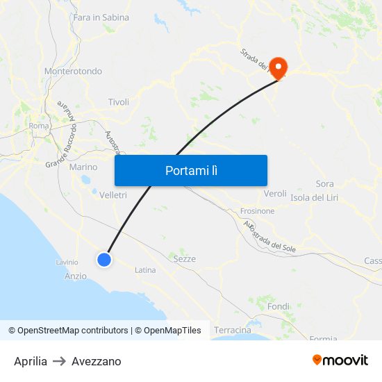 Aprilia to Avezzano map