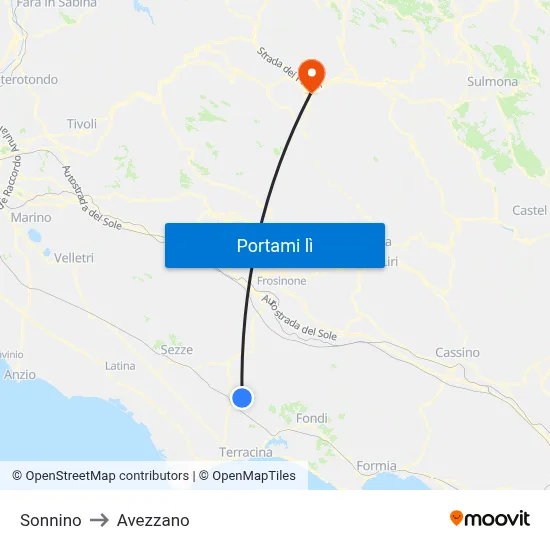 Sonnino to Avezzano map