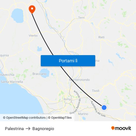 Palestrina to Bagnoregio map