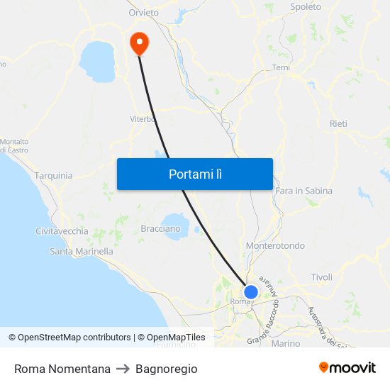 Roma Nomentana to Bagnoregio map