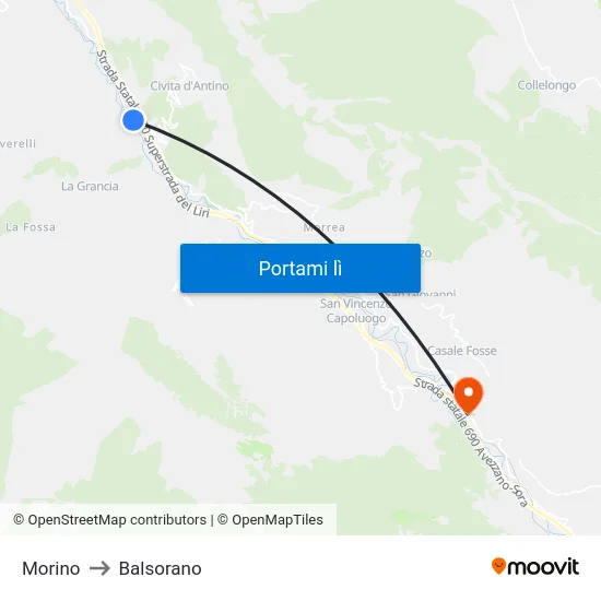 Morino to Balsorano map