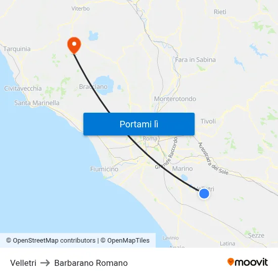 Velletri to Barbarano Romano map
