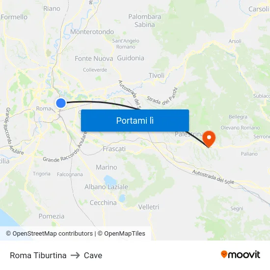 Roma Tiburtina to Cave map