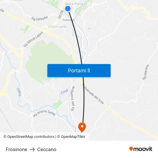 Frosinone to Ceccano map