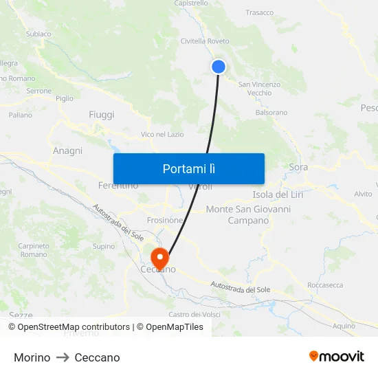 Morino to Ceccano map