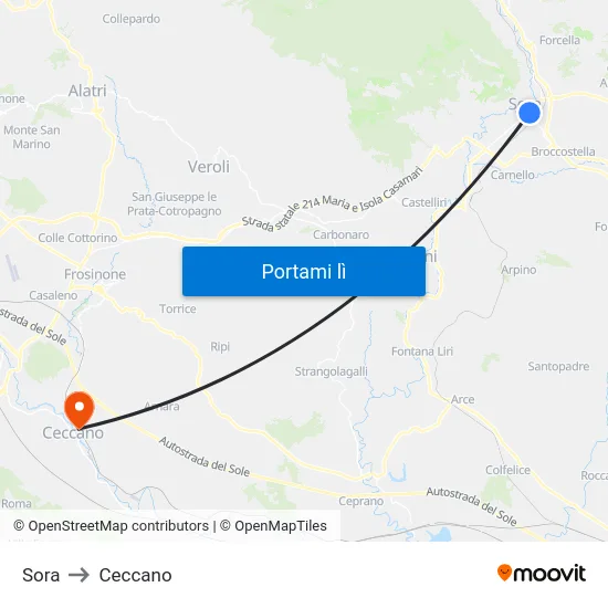 Sora to Ceccano map