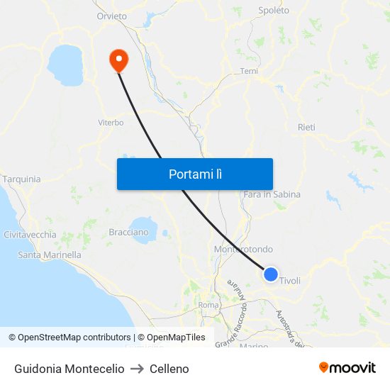 Guidonia Montecelio to Celleno map