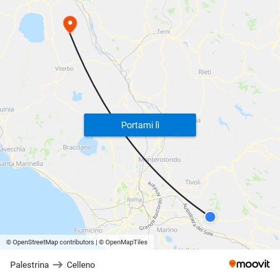 Palestrina to Celleno map