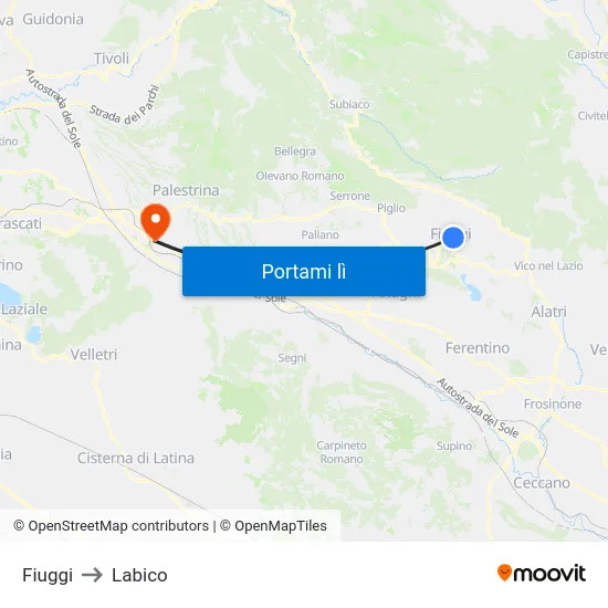 Fiuggi to Labico map