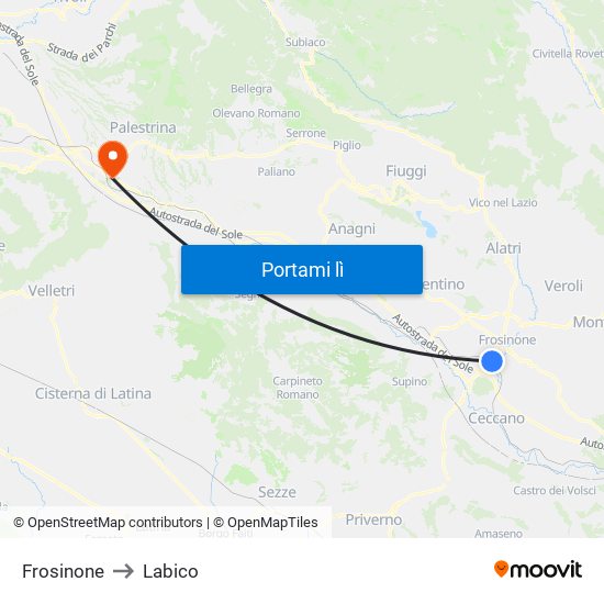 Frosinone to Labico map