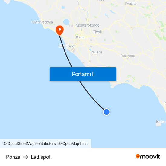 Ponza to Ladispoli map