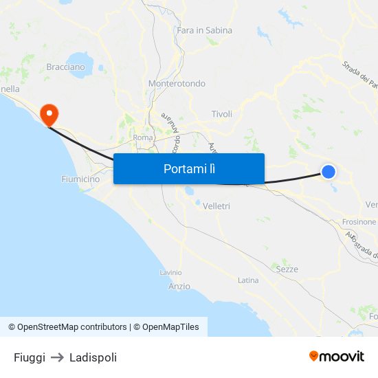 Fiuggi to Ladispoli map