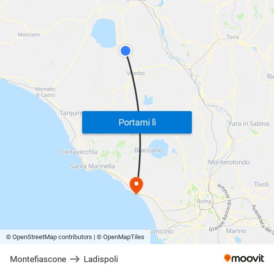 Montefiascone to Ladispoli map