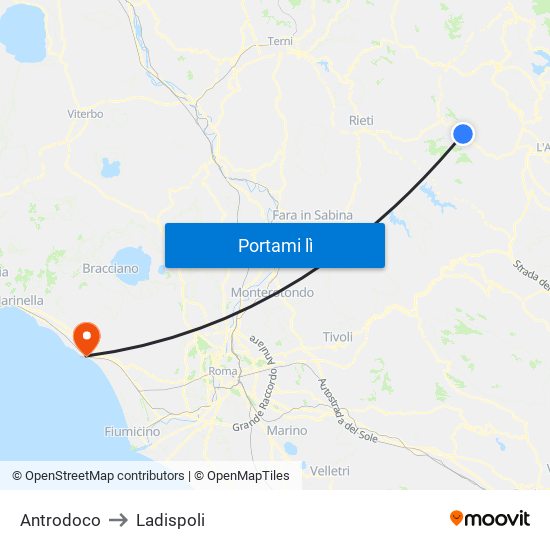 Antrodoco to Ladispoli map