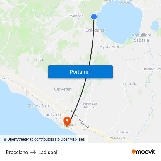 Bracciano to Ladispoli map