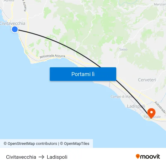 Civitavecchia to Ladispoli map