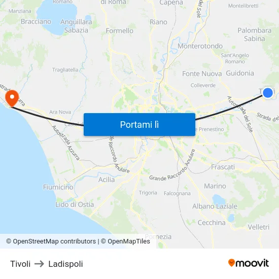 Tivoli to Ladispoli map