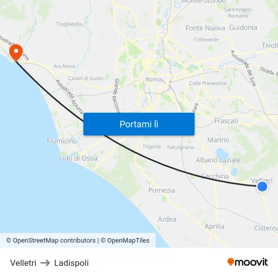 Velletri to Ladispoli map